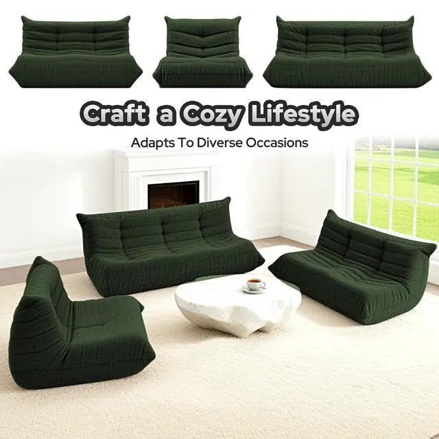 Alt view image 6 of 7 - Bean Bag Chairs Fireside Lazy Floor Sofa, Soft Teddy Fleece 2 Seater Sofa with High-Resilience Foam FillingBeanbag for Living Room, Bedroom, Office (Green Teddy)
