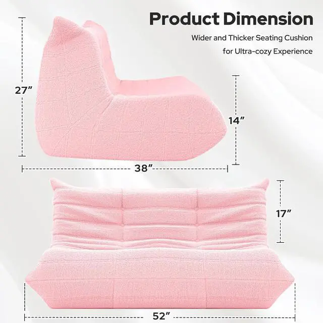 Alt view image 2 of 7 - Bean Bag Chairs Fireside Lazy Floor Sofa, Soft Teddy Fleece 2 Seater Sofa with High-Resilience Foam FillingBeanbag for Living Room, Bedroom, Office (Pink Teddy)