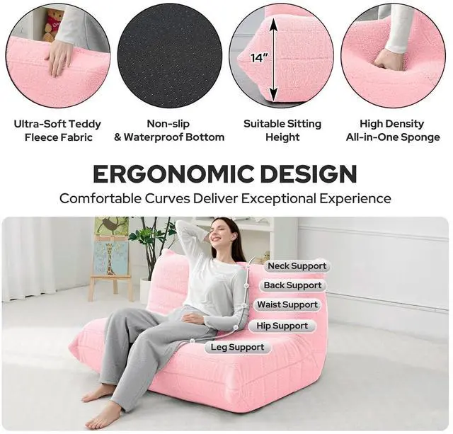 Alt view image 3 of 7 - Bean Bag Chairs Fireside Lazy Floor Sofa, Soft Teddy Fleece 2 Seater Sofa with High-Resilience Foam FillingBeanbag for Living Room, Bedroom, Office (Pink Teddy)