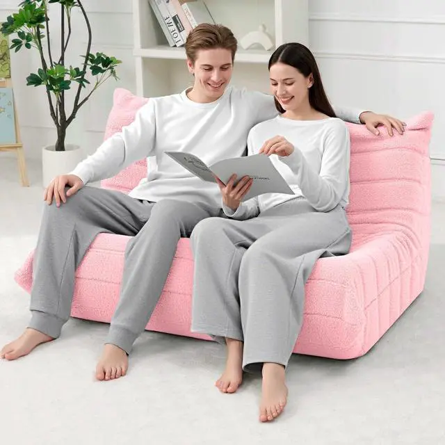 Alt view image 4 of 7 - Bean Bag Chairs Fireside Lazy Floor Sofa, Soft Teddy Fleece 2 Seater Sofa with High-Resilience Foam FillingBeanbag for Living Room, Bedroom, Office (Pink Teddy)