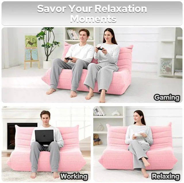 Alt view image 5 of 7 - Bean Bag Chairs Fireside Lazy Floor Sofa, Soft Teddy Fleece 2 Seater Sofa with High-Resilience Foam FillingBeanbag for Living Room, Bedroom, Office (Pink Teddy)