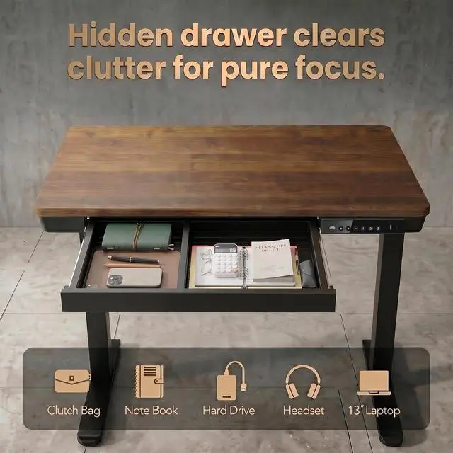 Alt view image 5 of 7 - 40 X 24 Inch Standing Desk with Drawers, Electric Adjustable Height Desk, Quick Install One-Piece Tabletop with USB Charging Ports, Sit to Stand Up Desk for Home Office, Black Walnut
