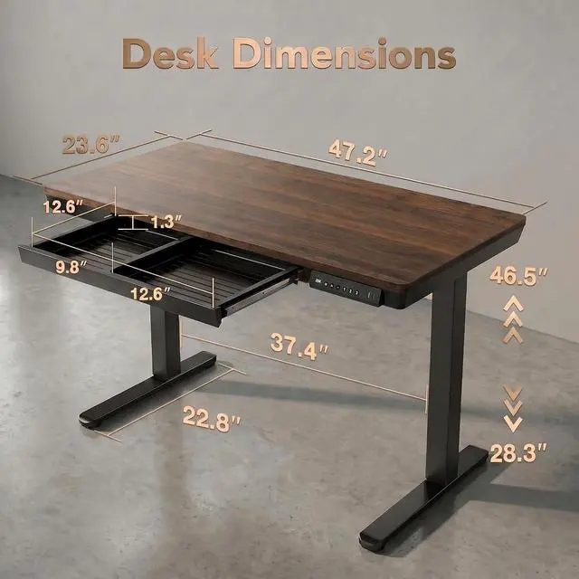 Alt view image 2 of 7 - 48 X 24 Inch Standing Desk with Drawers, Electric Adjustable Height Desk, Quick Install One-Piece Tabletop with USB Charging Ports, Sit to Stand Up Desk for Home Office, Black Walnut
