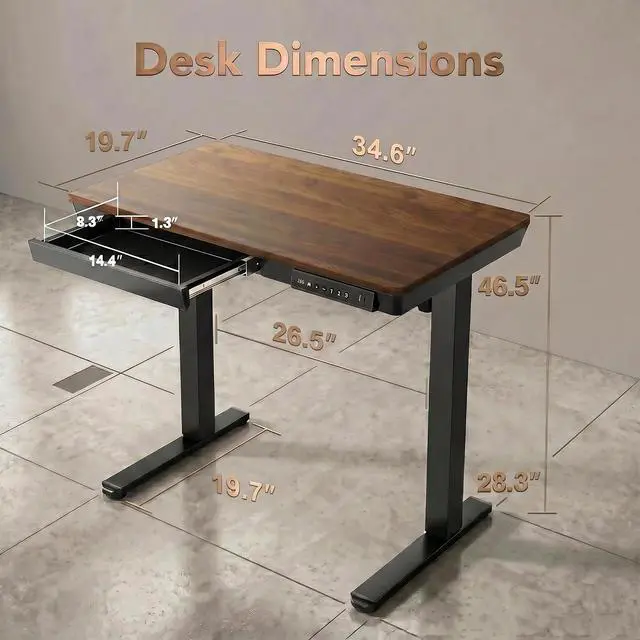 Alt view image 2 of 7 - 35 X 20 Inch Standing Desk with Drawers, Electric Adjustable Height Desk, Quick Install One-Piece Tabletop with USB Charging Ports, Sit to Stand Up Desk for Home Office, Black Walnut