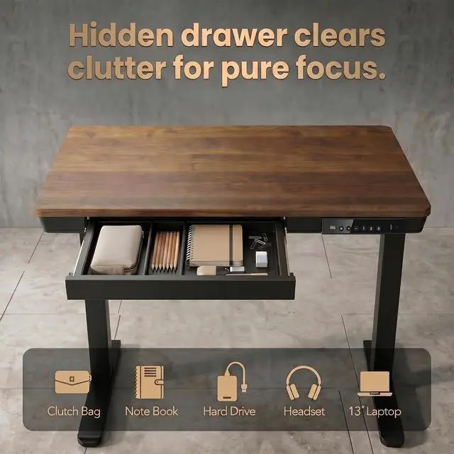 Alt view image 5 of 7 - 35 X 20 Inch Standing Desk with Drawers, Electric Adjustable Height Desk, Quick Install One-Piece Tabletop with USB Charging Ports, Sit to Stand Up Desk for Home Office, Black Walnut