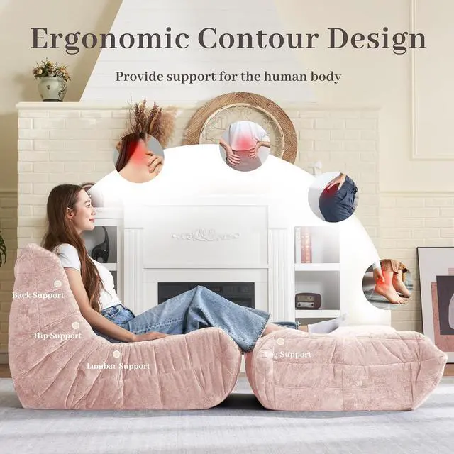 Alt view image 7 of 7 - Bean Bag Ottoman,Foot Rest,Fireside Chair Memory Foam Lazy Bean Bag Sofa for Living Room,Bedroom,Dorm,Office (Ottoman-Pink)