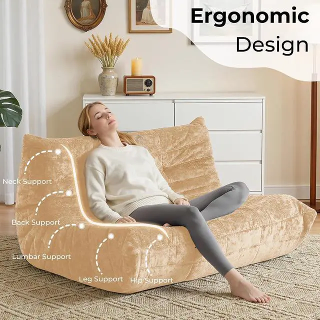 Alt view image 4 of 7 - Bean Bag Chair, Giant Bean Bag Chairs for Adults, Loveseat Fireside Chair, 2 Seater Lazy Bean Bag Sofa Memory Foam Couch for Living Room, Bedroom, Office (Khaki)