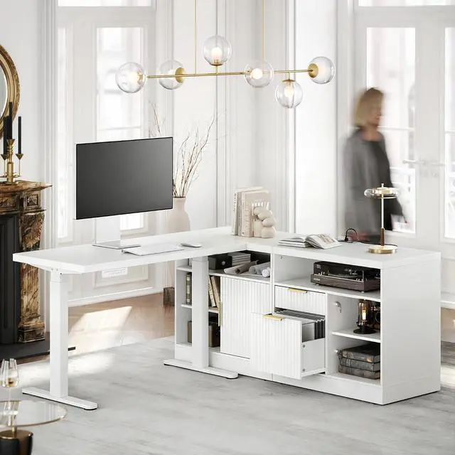 Main image of L Shaped Standing Desk, 67 Inches Electric Adjustable Desk with Storage & 2 File Cabinets, Fluted Executive Corner Desk for Home Office with Built-in Outlets1.18" Desktop, White