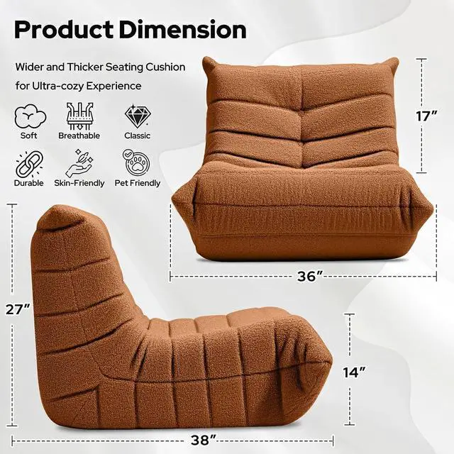 Alt view image 2 of 6 - Bean Bag Chairs Fireside Lazy Floor Sofa, Soft Teddy Fleece Bean Bag Sofa with High-Resilience Foam FillingBeanbag for Living Room, Bedroom, Office (Brown Teddy)
