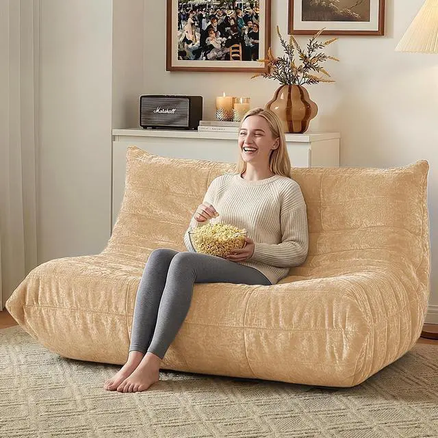 Alt view image 7 of 7 - Bean Bag Chair, Giant Bean Bag Chairs for Adults, Loveseat Fireside Chair, 2 Seater Lazy Bean Bag Sofa Memory Foam Couch for Living Room, Bedroom, Office (Khaki)