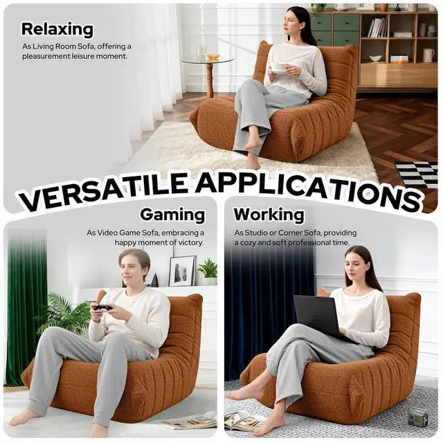Alt view image 5 of 6 - Bean Bag Chairs Fireside Lazy Floor Sofa, Soft Teddy Fleece Bean Bag Sofa with High-Resilience Foam FillingBeanbag for Living Room, Bedroom, Office (Brown Teddy)