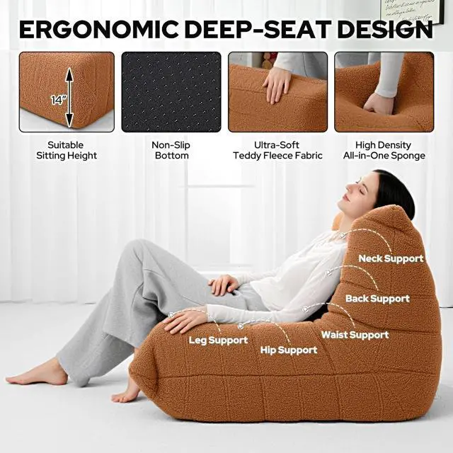 Alt view image 3 of 6 - Bean Bag Chairs Fireside Lazy Floor Sofa, Soft Teddy Fleece Bean Bag Sofa with High-Resilience Foam FillingBeanbag for Living Room, Bedroom, Office (Brown Teddy)