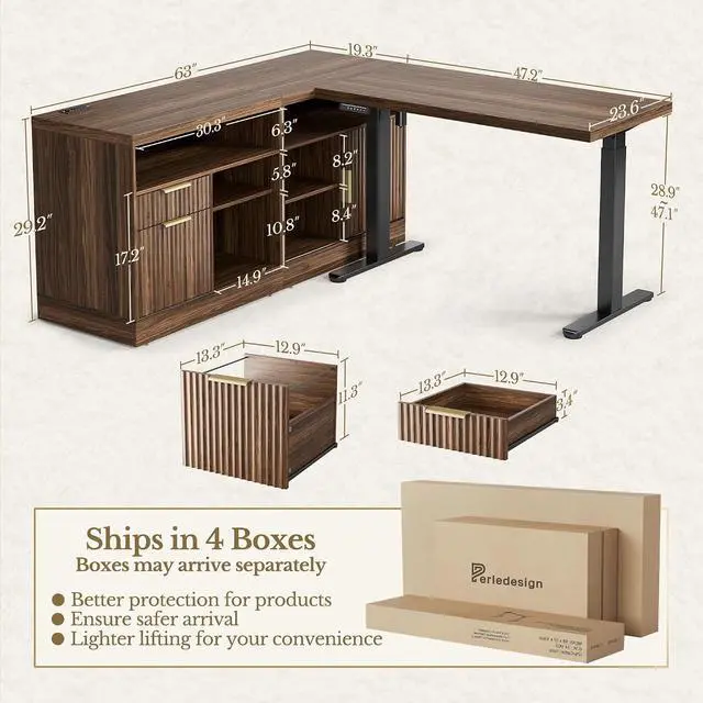 Alt view image 2 of 7 - L Shaped Standing Desk, 67 Inches Electric Adjustable Desk with Storage & 2 File Cabinets, Fluted Executive Corner Desk for Home Office with Built-in Outlets1.18" Desktop, Black Walnut