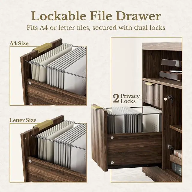Alt view image 5 of 7 - L Shaped Standing Desk, 67 Inches Electric Adjustable Desk with Storage & 2 File Cabinets, Fluted Executive Corner Desk for Home Office with Built-in Outlets1.18" Desktop, Black Walnut