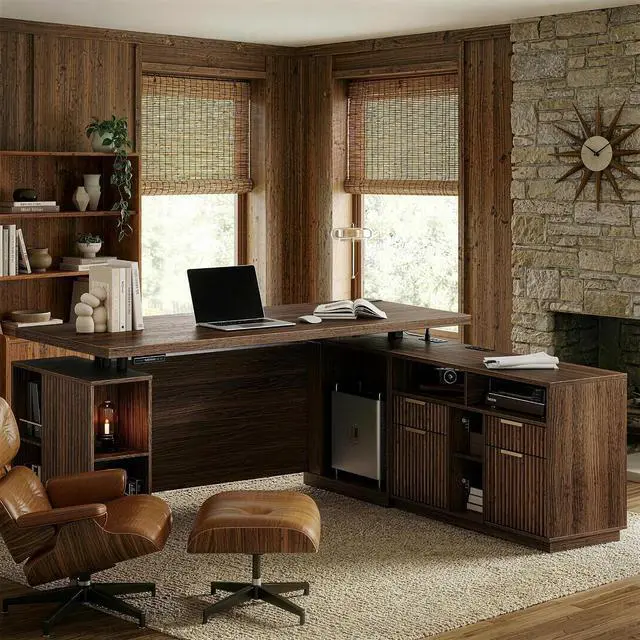 Main image of 70 Inches L Shaped Executive Standing Desk, Electric Height Adjustable Desk with File Cabinet, Computer Corner Table with AC/USB and Privacy Panel for Home and Office, Black Walnut