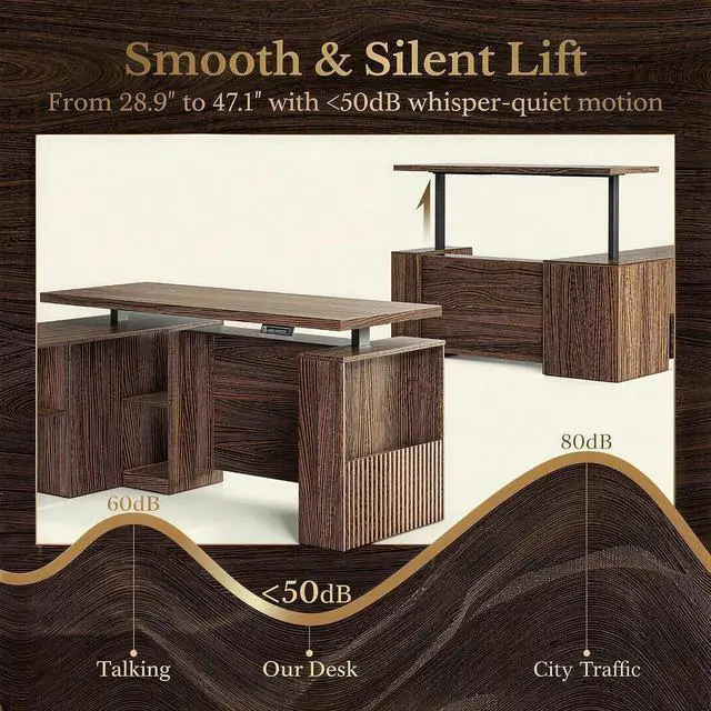 Alt view image 3 of 7 - 70 Inches L Shaped Executive Standing Desk, Electric Height Adjustable Desk with File Cabinet, Computer Corner Table with AC/USB and Privacy Panel for Home and Office, Black Walnut