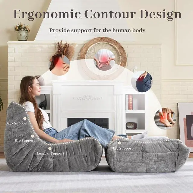 Alt view image 7 of 7 - Bean Bag Ottoman,Foot Rest,Fireside Chair Memory Foam Lazy Bean Bag Sofa for Living Room,Bedroom,Dorm,Office (Ottoman-Light Grey)