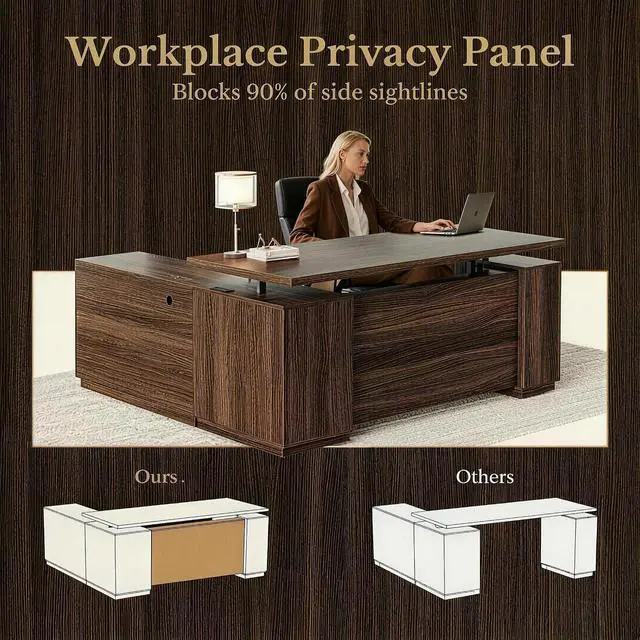 Alt view image 6 of 7 - 70 Inches L Shaped Executive Standing Desk, Electric Height Adjustable Desk with File Cabinet, Computer Corner Table with AC/USB and Privacy Panel for Home and Office, Black Walnut