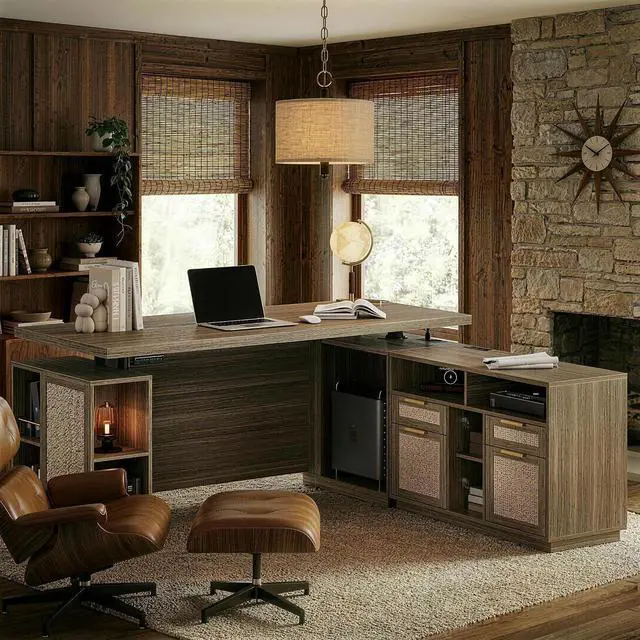 Main image of 70" Standing Desk with File Cabinet, L Shaped Electric Height Adjustable Desk with AC/USBPrivacy Panel, Computer Executive Corner Table for Home and Office, Natural Oak