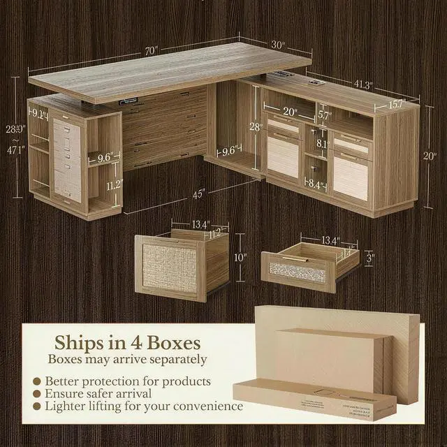 Alt view image 2 of 7 - 70" Standing Desk with File Cabinet, L Shaped Electric Height Adjustable Desk with AC/USBPrivacy Panel, Computer Executive Corner Table for Home and Office, Natural Oak
