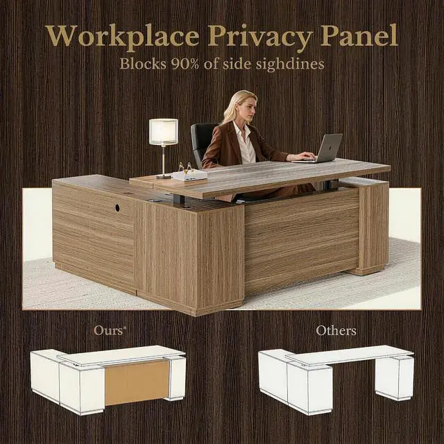 Alt view image 4 of 7 - 70" Standing Desk with File Cabinet, L Shaped Electric Height Adjustable Desk with AC/USBPrivacy Panel, Computer Executive Corner Table for Home and Office, Natural Oak