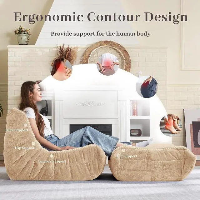 Alt view image 5 of 7 - Bean Bag Ottoman,Foot Rest,Fireside Chair Memory Foam Lazy Bean Bag Sofa for Living Room,Bedroom,Dorm,Office (Ottoman-Khaki)