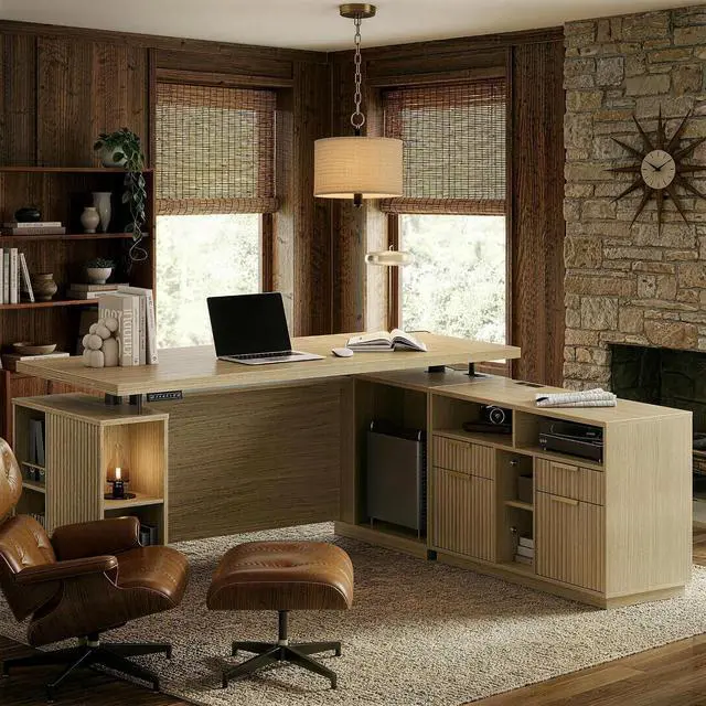 Main image of 70 Inches L Shaped Executive Standing Desk, Electric Height Adjustable Desk with File Cabinet, Computer Corner Table with AC/USB and Privacy Panel for Home and Office, Light Walnut