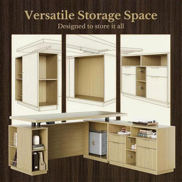 Alt view image 5 of 7 - 70 Inches L Shaped Executive Standing Desk, Electric Height Adjustable Desk with File Cabinet, Computer Corner Table with AC/USB and Privacy Panel for Home and Office, Light Walnut