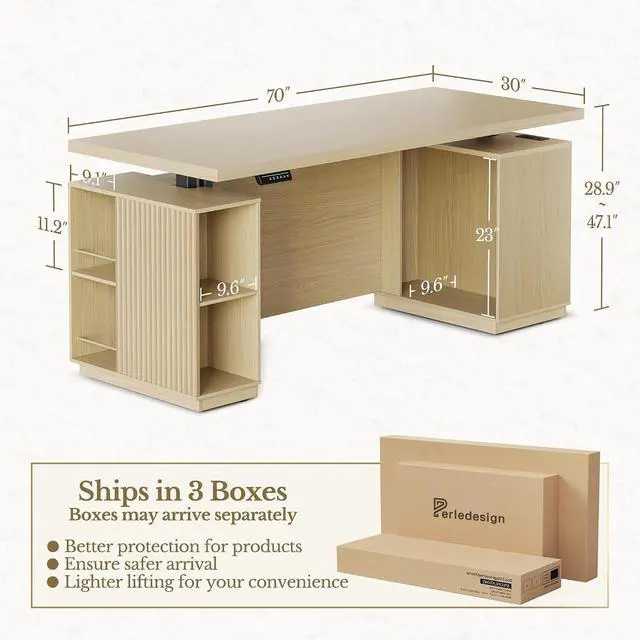 Alt view image 2 of 7 - 70" Standing Desk with Storage, Executive Electric Height Adjustable Stand Up Desk with AC/USB and Privacy Panel, Large One-Piece Destop, Fluted Computer Desk for Home Office, Light Walnut