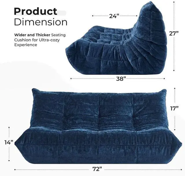 Alt view image 2 of 7 - Bean Bag Chair, Giant Bean Bag Chairs for Adults, 3 Seater Fireside Chair, Lazy Large Floor Bean Bag Sofa for Living Room, Bedroom, Dorm, Office (Navy Blue)