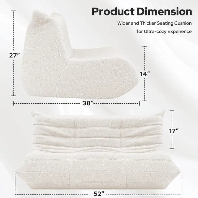 Alt view image 2 of 7 - Bean Bag Chairs Fireside Lazy Floor Sofa, Soft Teddy Fleece 2 Seater Sofa with High-Resilience Foam FillingBeanbag for Living Room, Bedroom, Office (Beige Teddy)