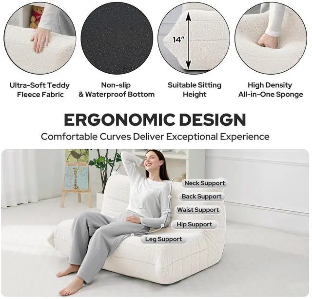 Alt view image 3 of 7 - Bean Bag Chairs Fireside Lazy Floor Sofa, Soft Teddy Fleece 2 Seater Sofa with High-Resilience Foam FillingBeanbag for Living Room, Bedroom, Office (Beige Teddy)