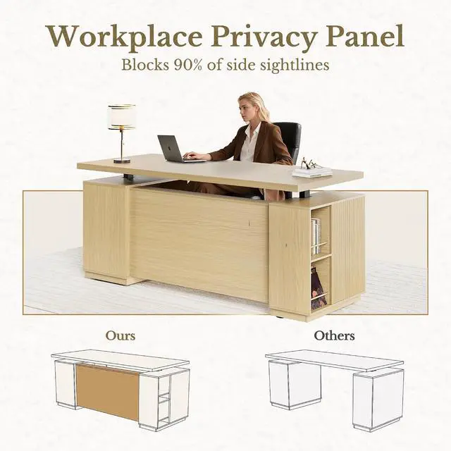 Alt view image 6 of 7 - 70" Standing Desk with Storage, Executive Electric Height Adjustable Stand Up Desk with AC/USB and Privacy Panel, Large One-Piece Destop, Fluted Computer Desk for Home Office, Light Walnut