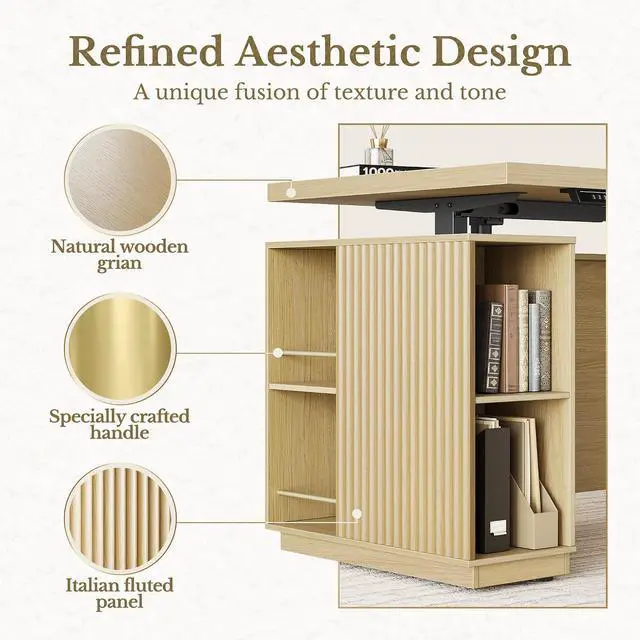 Alt view image 4 of 7 - 70" Standing Desk with Storage, Executive Electric Height Adjustable Stand Up Desk with AC/USB and Privacy Panel, Large One-Piece Destop, Fluted Computer Desk for Home Office, Light Walnut