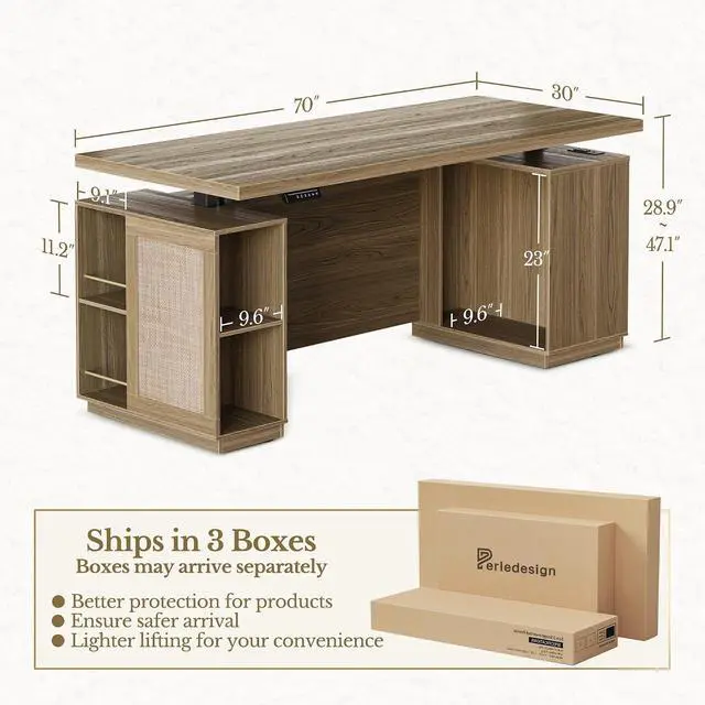 Alt view image 2 of 7 - 70" Standing Desk with Storage, Executive Electric Height Adjustable Stand Up Desk with AC/USB and Privacy Panel, Large One-Piece Destop, Rattan Computer Desk for Home Office, Natural Oak