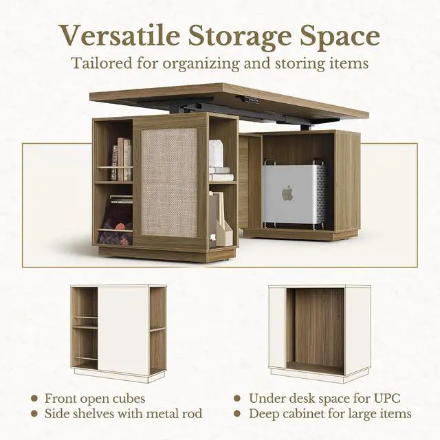 Alt view image 5 of 7 - 70" Standing Desk with Storage, Executive Electric Height Adjustable Stand Up Desk with AC/USB and Privacy Panel, Large One-Piece Destop, Rattan Computer Desk for Home Office, Natural Oak
