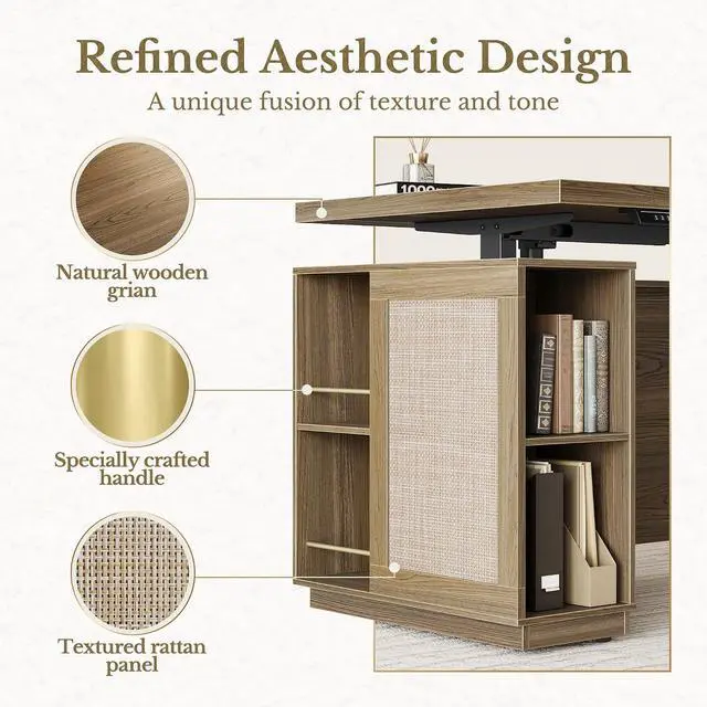 Alt view image 4 of 7 - 70" Standing Desk with Storage, Executive Electric Height Adjustable Stand Up Desk with AC/USB and Privacy Panel, Large One-Piece Destop, Rattan Computer Desk for Home Office, Natural Oak