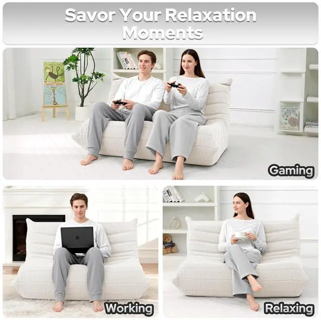 Alt view image 5 of 7 - Bean Bag Chairs Fireside Lazy Floor Sofa, Soft Teddy Fleece 2 Seater Sofa with High-Resilience Foam FillingBeanbag for Living Room, Bedroom, Office (Beige Teddy)