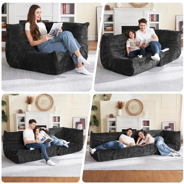 Alt view image 3 of 7 - Bean Bag Chair, Memory Foam Bean Bag Chairs for Adults, Fireside Corner Chair Lazy Floor Corner Sofa for Living Room, Bedroom, Dorm, Office (Black)