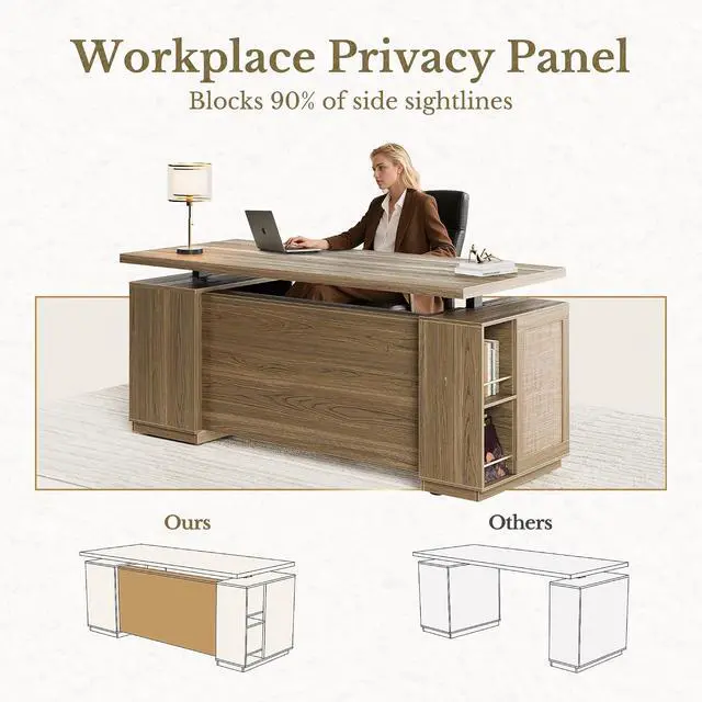 Alt view image 7 of 7 - 70" Standing Desk with Storage, Executive Electric Height Adjustable Stand Up Desk with AC/USB and Privacy Panel, Large One-Piece Destop, Rattan Computer Desk for Home Office, Natural Oak
