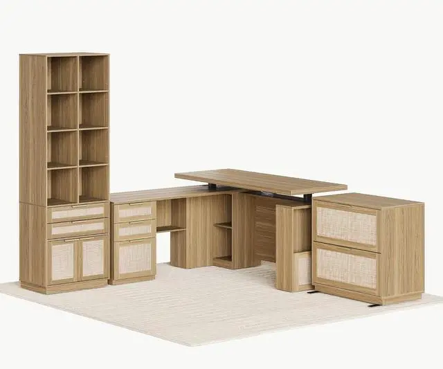 Main image of Home Office Furniture Set, 63'' Electric Standing Desk with 73'' Bookshelf and 2 Drawer Lateral File Cabinet, Office Furniture Desk Sets, Rattan Style Natural Oak