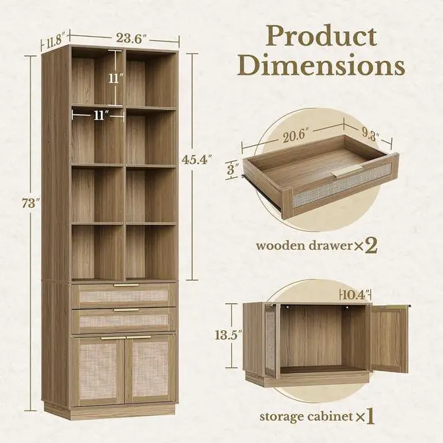Alt view image 3 of 7 - Home Office Furniture Set, 63'' Electric Standing Desk with 73'' Bookshelf and 2 Drawer Lateral File Cabinet, Office Furniture Desk Sets, Rattan Style Natural Oak