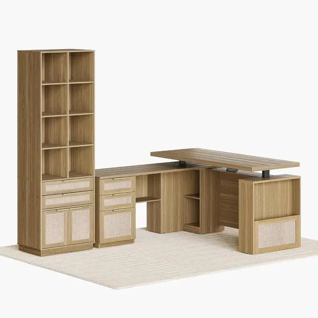 Main image of Home Office Furniture Set, 63'' L Shaped Standing Desk with 73'' Bookshelf, Electric Height Adjustable Desk with Drawers, File Cabinet, Office Furniture Desk Sets, Rattan Style Natural Oak