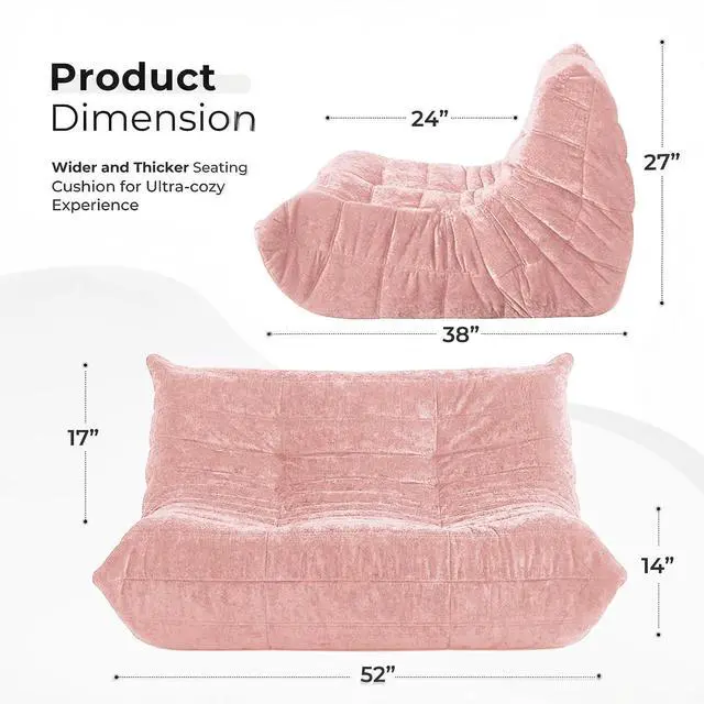 Alt view image 2 of 7 - Bean Bag Chair, Giant Bean Bag Chairs for Adults, Loveseat Fireside Chair, 2 Seater Lazy Bean Bag Sofa Memory Foam Couch for Living Room, Bedroom, Office (Pink)