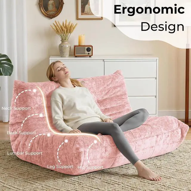Alt view image 4 of 7 - Bean Bag Chair, Giant Bean Bag Chairs for Adults, Loveseat Fireside Chair, 2 Seater Lazy Bean Bag Sofa Memory Foam Couch for Living Room, Bedroom, Office (Pink)