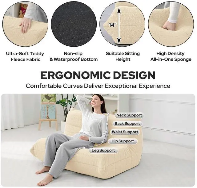 Alt view image 3 of 7 - Bean Bag Chairs Fireside Lazy Floor Sofa, Soft Teddy Fleece 2 Seater Sofa with High-Resilience Foam FillingBeanbag for Living Room, Bedroom, Office (Khaki Teddy)