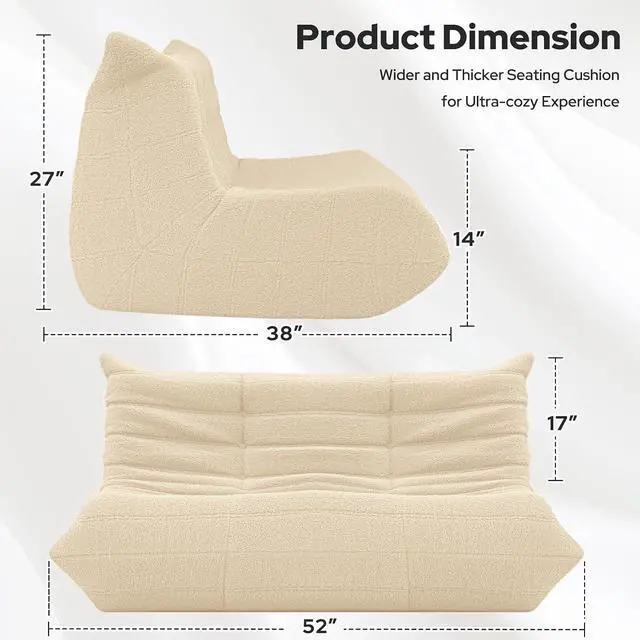 Alt view image 2 of 7 - Bean Bag Chairs Fireside Lazy Floor Sofa, Soft Teddy Fleece 2 Seater Sofa with High-Resilience Foam FillingBeanbag for Living Room, Bedroom, Office (Khaki Teddy)