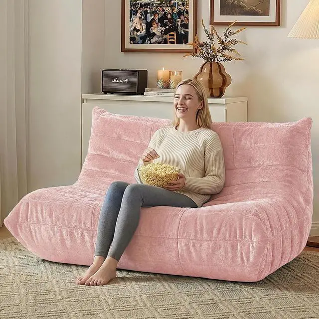 Alt view image 7 of 7 - Bean Bag Chair, Giant Bean Bag Chairs for Adults, Loveseat Fireside Chair, 2 Seater Lazy Bean Bag Sofa Memory Foam Couch for Living Room, Bedroom, Office (Pink)