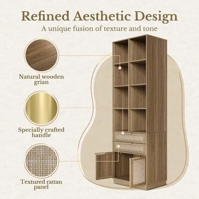 Alt view image 7 of 7 - Home Office Furniture Set, 63'' L Shaped Standing Desk with 73'' Bookshelf, Electric Height Adjustable Desk with Drawers, File Cabinet, Office Furniture Desk Sets, Rattan Style Natural Oak