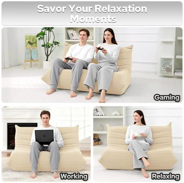 Alt view image 5 of 7 - Bean Bag Chairs Fireside Lazy Floor Sofa, Soft Teddy Fleece 2 Seater Sofa with High-Resilience Foam FillingBeanbag for Living Room, Bedroom, Office (Khaki Teddy)